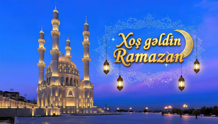 Ramadan Night at HeydÉr Mosque â 3D Illustrationの写真素材