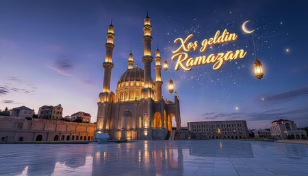 Ramadan Night at HeydÉr Mosque â 3D Illustrationの写真素材