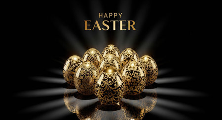 Happy Easter greeting card with golden eggs on black background. Vector illustration.