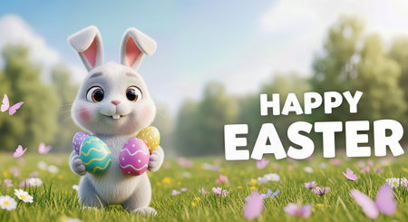 Happy Easter. Cute bunny with easter eggs on green grass