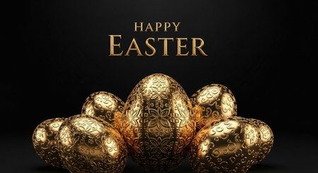 Happy Easter greeting card with golden eggs on black background. 3D illustration