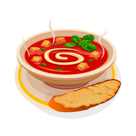 Borsch. Traditional Ukrainian or Russian beetroot and tomato soup with beef meat, potatoes, cabbage. National slavic food.のイラスト素材