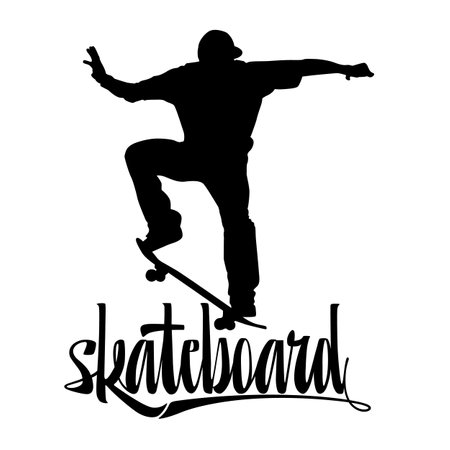 The black silhouette of the skateboarder isolates the skateboard icon.のイラスト素材