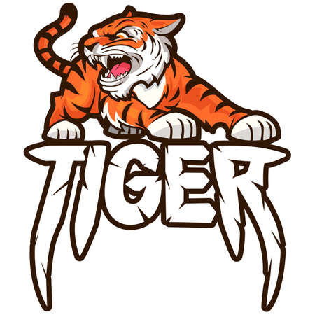 Angry tiger in an aggressive attacking pose. Tattoo style illustration, side view, logo.のイラスト素材