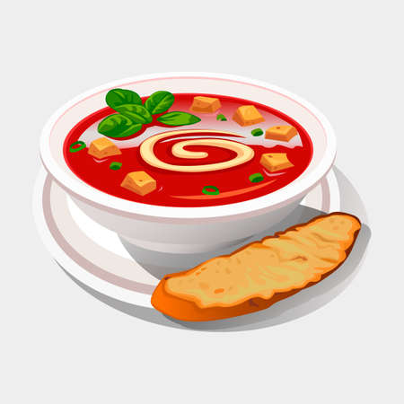 Hot, borscht, tomato puree soup, goulash, soup as, kharcho, Ratatouille, in a plate, with baguette, with bread, vector.のイラスト素材