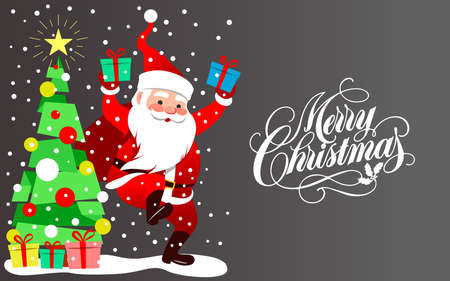 Merry Christmas. Happy New Year. Santa Claus character. Cheerful Santa Claus with a gift bag full of gift boxes. Festive card with Christmas snow. Isolated vectorのイラスト素材