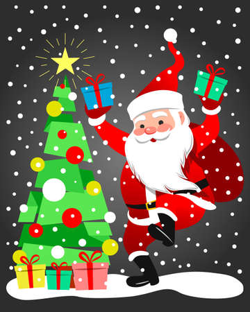 Merry Christmas. Happy New Year. Santa Claus character. Cheerful Santa Claus with a gift bag full of gift boxes. Festive card with Christmas snow. Isolated,のイラスト素材