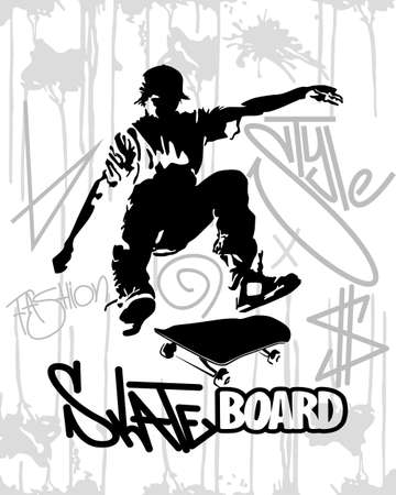 Black silhouette of a skateboarder on isolated background, skateboard logo, trendy stylish banner, graphic for t-shirt.のイラスト素材