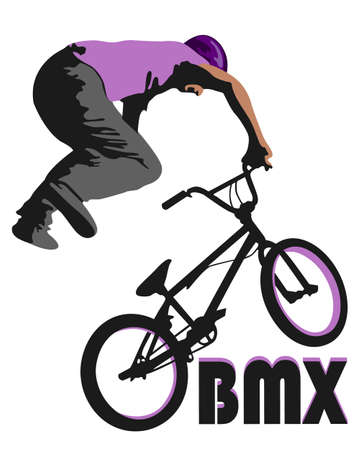 eps10 Illustration, silhouette of a cyclist, on a white background, a cyclist in a purple helmet, purple t-shirt, gray pants, doing tricks on a bike.のイラスト素材
