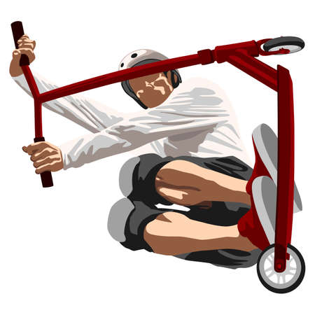 A man rides a stunt scooter, a red scooter, in red sneakers, in gray trousers, in a white T-shirt, in a white safety helmet, in protective knee pads, scooter riderのイラスト素材