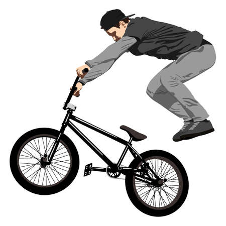 Eps10, illustration, silhouette of a cyclist, on an isolated background, a cyclist in a black cap, black t-shirt with gray sleeves, in gray pants, doing tricks on a bike.のイラスト素材
