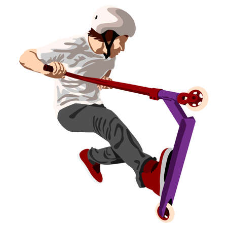 A man rides a stunt scooter, a red-purple scooter, in red sneakers, in gray trousers, in a white t-shirt, in a white safety helmet, scooter riderのイラスト素材