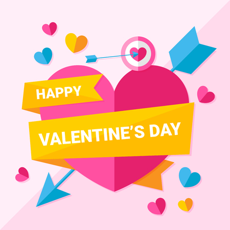 happy valentines day with hearts and ribbon banner, love celebration flat vector designのイラスト素材