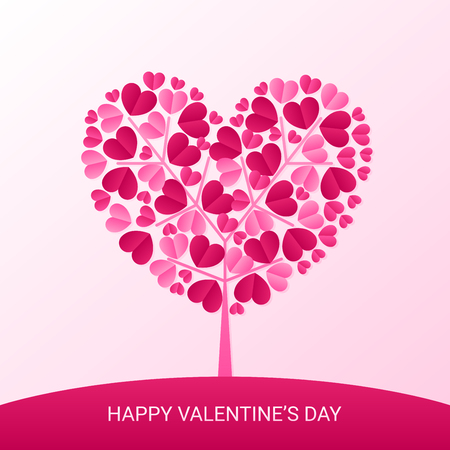 happy valentines day and heart tree paper cut, love celebration vector designのイラスト素材