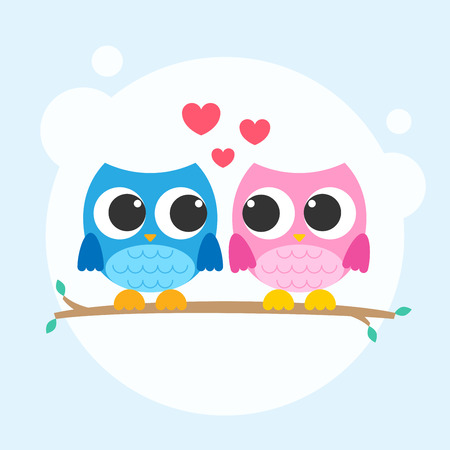 owls fall in love, valentines day festival, birds cartoon design vectorのイラスト素材