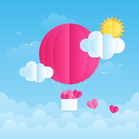 valentines balloon and heart flying, love festival vector design paper cut styleのイラスト素材