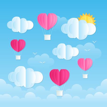 heart balloon on the sky, love festival vector design paper cut styleのイラスト素材
