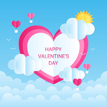 valentines heart balloon paper cut style, love festival vector designのイラスト素材