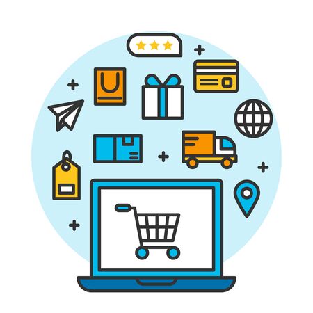 laptop shopping online store concept, shipping ecommerce business on mobile, sme application graphic vector flat design, internet of thingsのイラスト素材