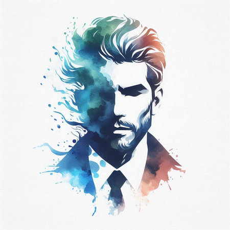 Portrait of a handsome man with colorful watercolor splashes.の素材