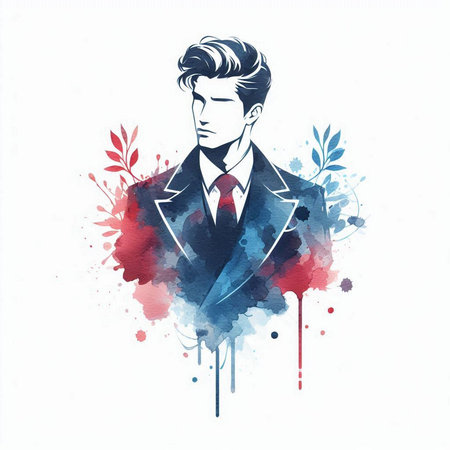 Handsome man in suit with watercolor splash. Vector illustration.の素材