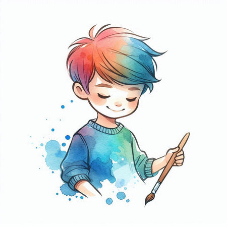 Cute little boy painting with watercolor paint. Vector illustration.の素材