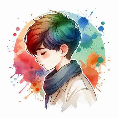 Portrait of a boy with colorful watercolor splashes. Vector illustration.の素材