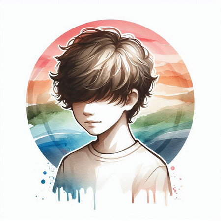 Portrait of a boy with short hair on the background of the sunの素材