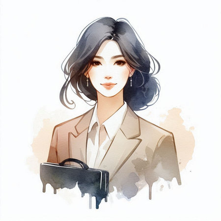 Illustration of a beautiful young woman in a suit with a briefcaseの素材