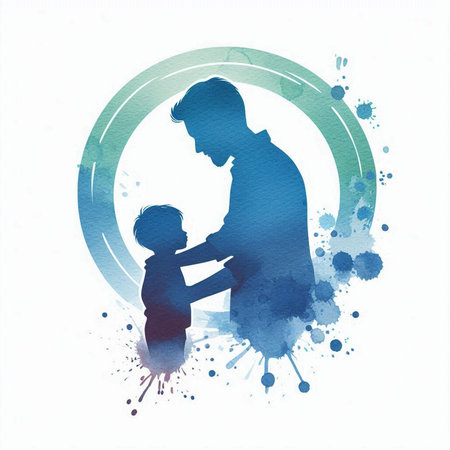 Silhouette of a father and son with watercolor splashesの素材