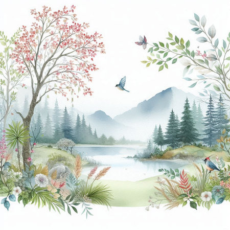 Watercolor painting of a landscape with trees, flowers and birds.の素材