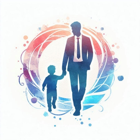 Silhouette of a businessman with a child on abstract watercolor backgroundの素材