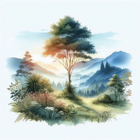 Watercolor illustration of a tree on a meadow in the mountainsの素材