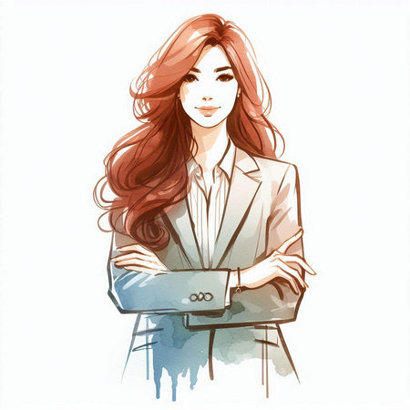 Beautiful young business woman with long brown hair, hand drawn illustrationの素材