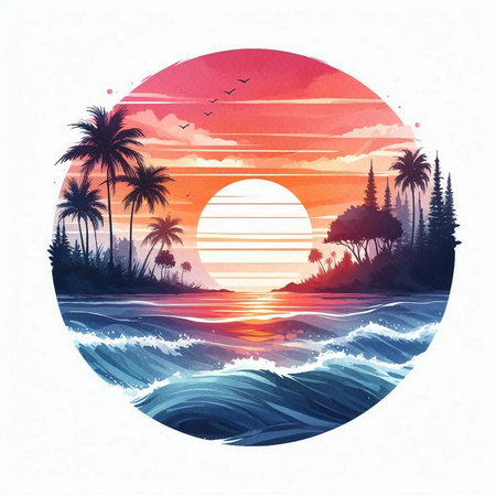 Sunset on the beach with palm trees. Hand drawn vector illustration.の素材