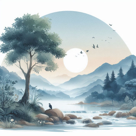 Watercolor landscape with a lake, mountains, trees and birds.の素材