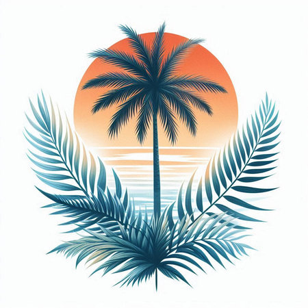 Tropical palm trees and sunset on the beach. Vector illustration.の素材