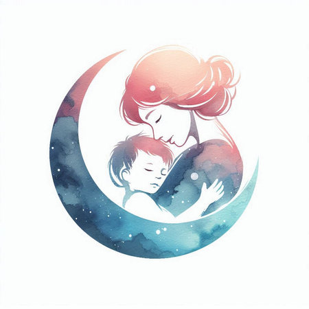 Mother and child in the moon. Hand drawn watercolor illustration.の素材
