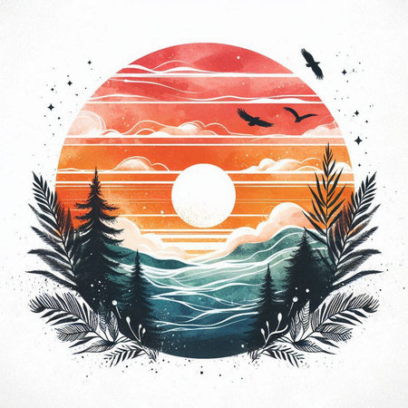 Sunset in the mountains. Hand drawn vector illustration. Vintage style.の素材