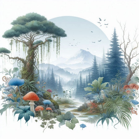 Watercolor landscape with forest, mountains, trees and mushrooms. Hand drawn illustrationの素材