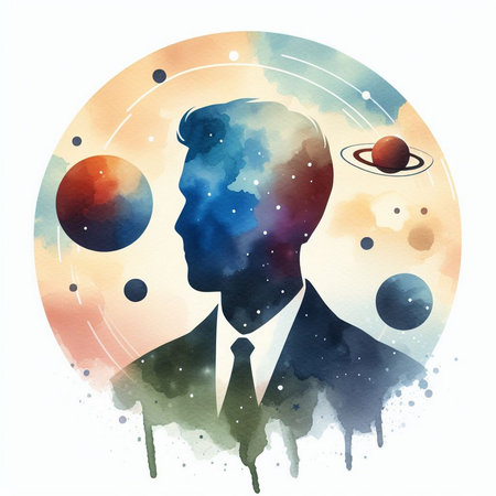 Businessman on space background. Watercolor painting. Vector illustration.の素材