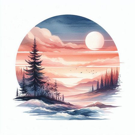 Watercolor winter landscape with pine trees and sunset. Hand drawn illustrationの素材