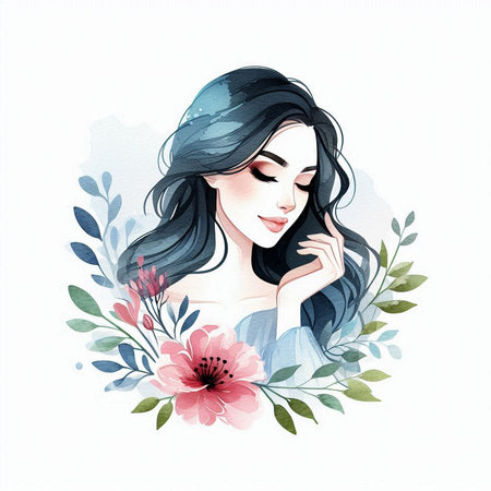Portrait of a beautiful girl with long hair and flowers. Vector illustration.の素材