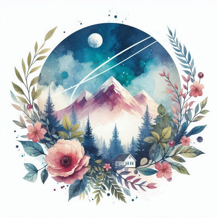 Watercolor mountain landscape with flowers and forest. Hand drawn illustration.の素材