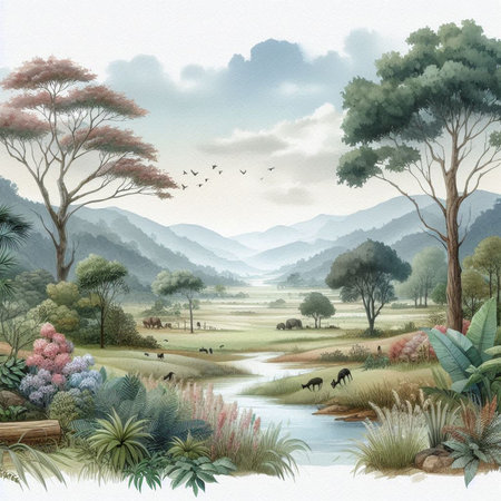 Watercolor illustration of a rural landscape with wild animals, trees and lake.の素材