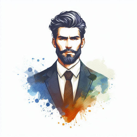Portrait of a handsome man with a mustache and beard. Vector illustration.の素材