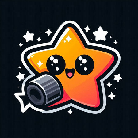 Kawaii star with a camera on a dark background. Vector illustration.の素材