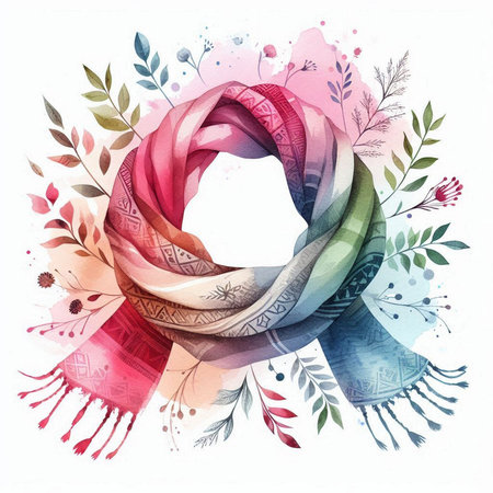 Watercolor illustration of a colorful scarf with floral ornament. Hand drawn illustrationの素材