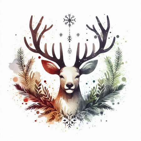 Christmas and New Year watercolor illustration. Deer with christmas wreath.の素材