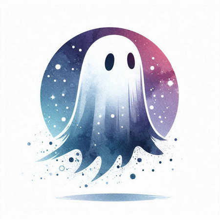 Halloween greeting card with watercolor ghost and moon. Vector illustration.の素材